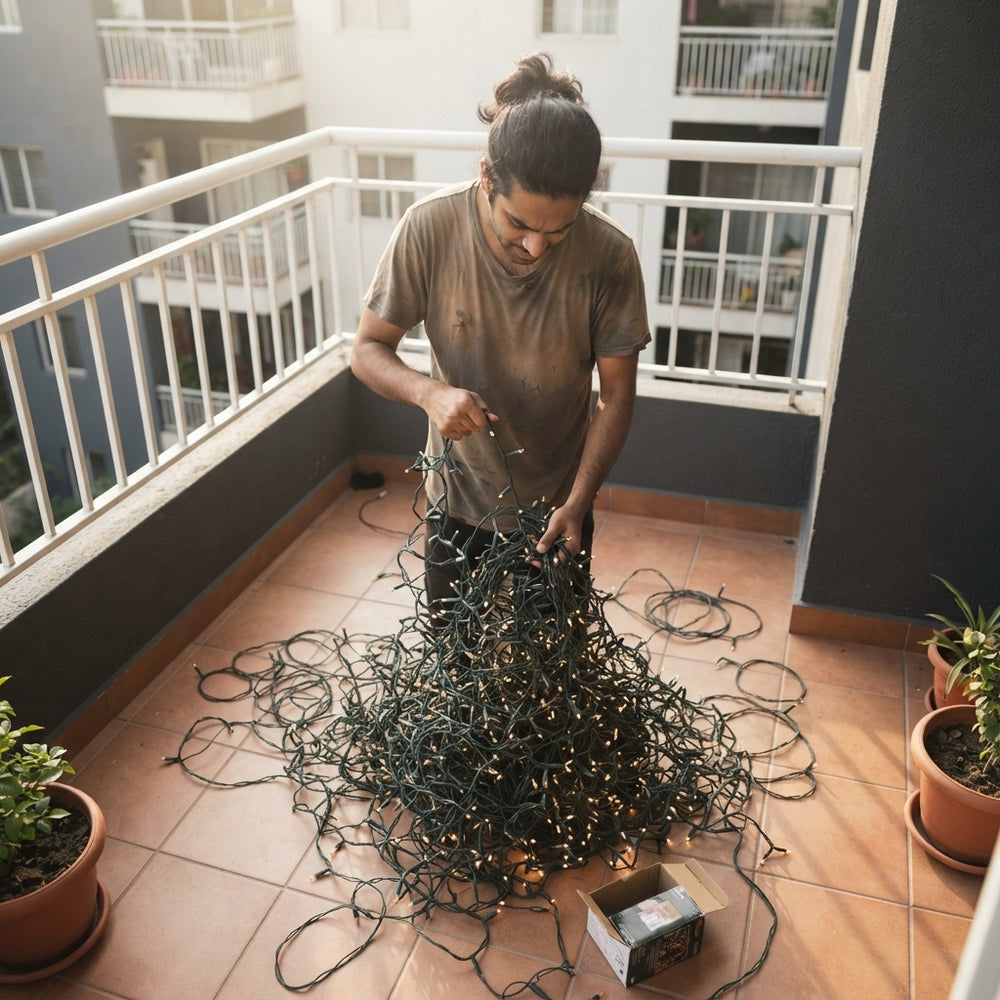 A person struggling with a tangled mess of string lights on a modern balcony with terracotta and charcoal decor.