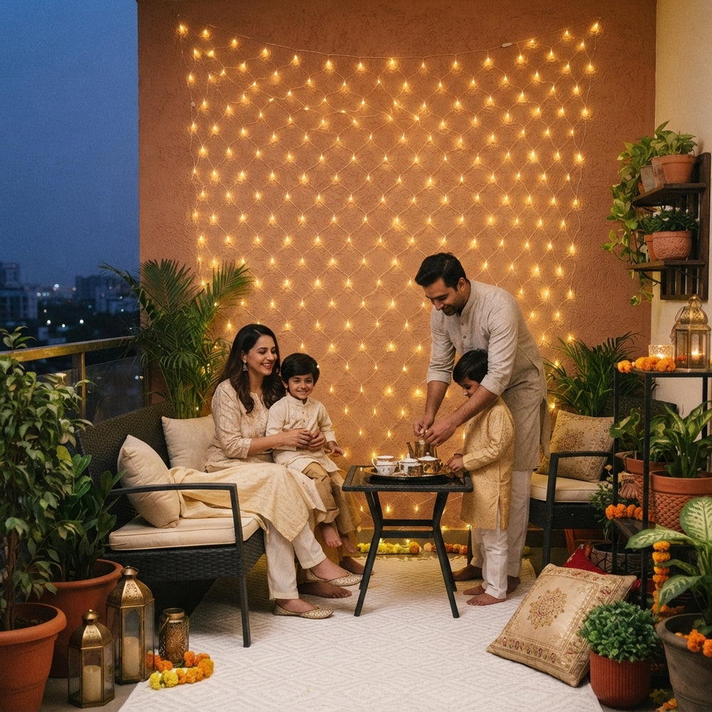 LED net mesh string lights illuminating a South Asian balcony with terracotta walls and charcoal furniture at dusk.
